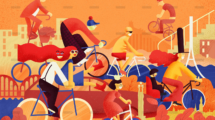 Illustration von Radfahrern, ideal für Ferienhaus-Aktivitäten. Urlaub im Ferienhaus, Radfahren in der Natur.