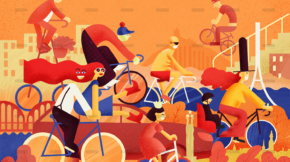 Illustration von Radfahrern, ideal für Ferienhaus-Aktivitäten. Urlaub im Ferienhaus, Radfahren in der Natur.
