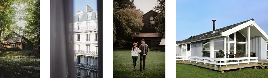 Collage verschiedener Ferienunterkünfte wie Chalet, Haus am See und moderne Wohnung
